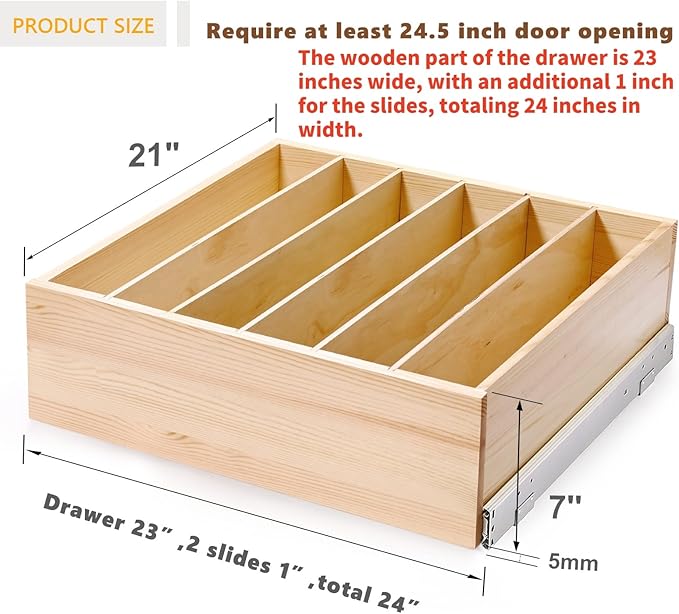 Pull Out Cabinet Organizer with Divider, 24''W×21''D×7''H Soft Close Wood Drawer for Kitchen Pantry, Finished, Heavy-Duty, Bottom Assembly (Wood Drawer Part Width is 23'')