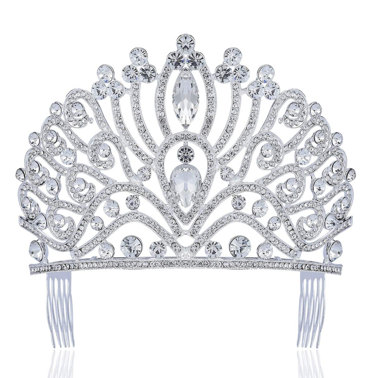 TWINKLING CLEAR WHITE AUSTRIAN CRYSTAL RHINESTONE TIARA CROWN WITH HAIR SIDE COMBS HAIR JEWELRY BRIDAL PRINCESS QUEEN COSTUME WE