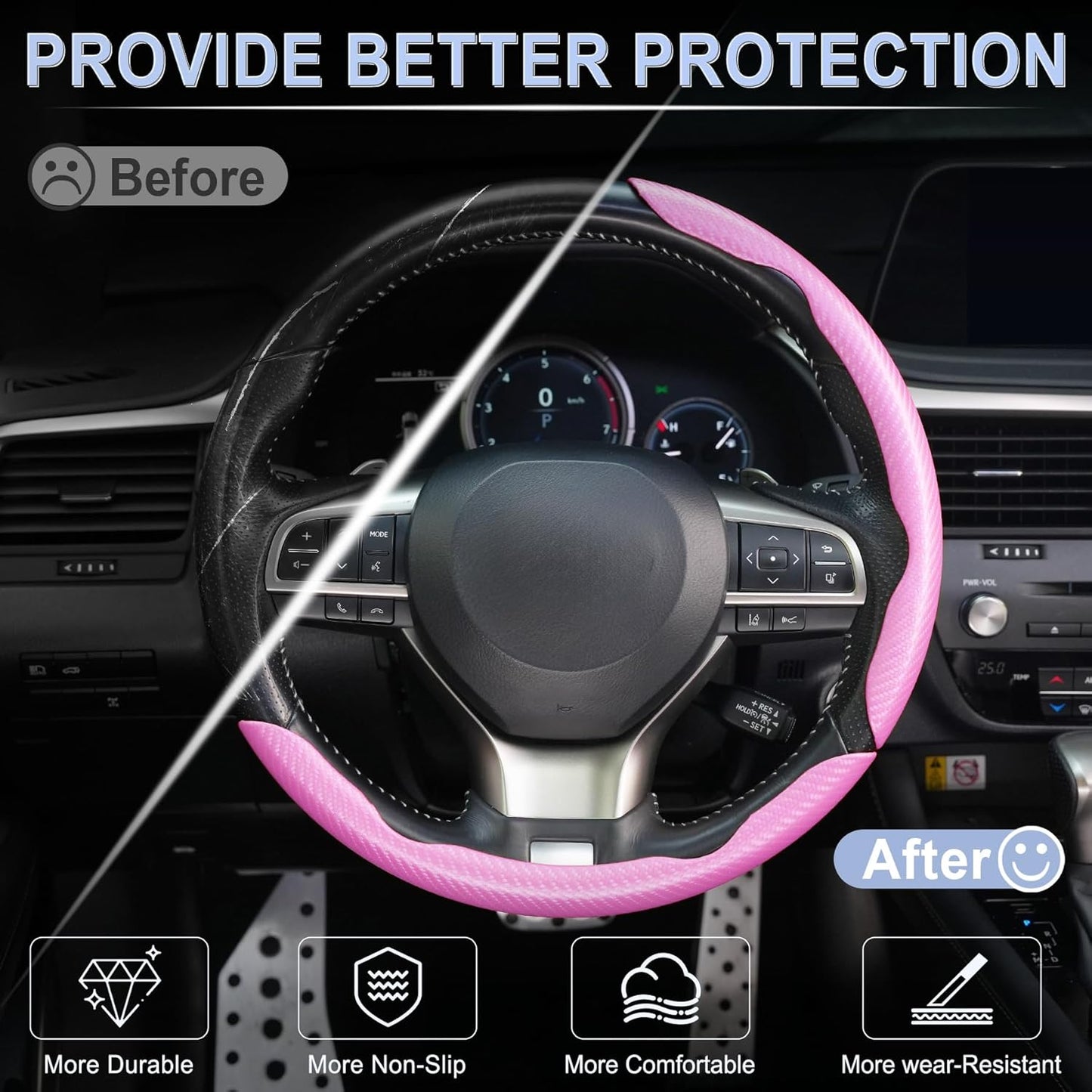Amiss 3pcs Carbon Fiber Anti-Skid Steering Wheel Cover, Segmented & Butterfly Design, Universal 99% Car Wheel Cover Protector, Pink