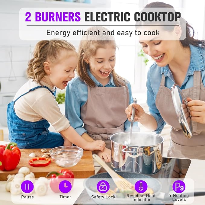 Double Electric Burner Hot Plates for Cooking, 12 Inch Portable Electric Stove, 2000W Inch Countertop & Built-in Radiant Ceramic Glass Cooktop with Silder Contorl