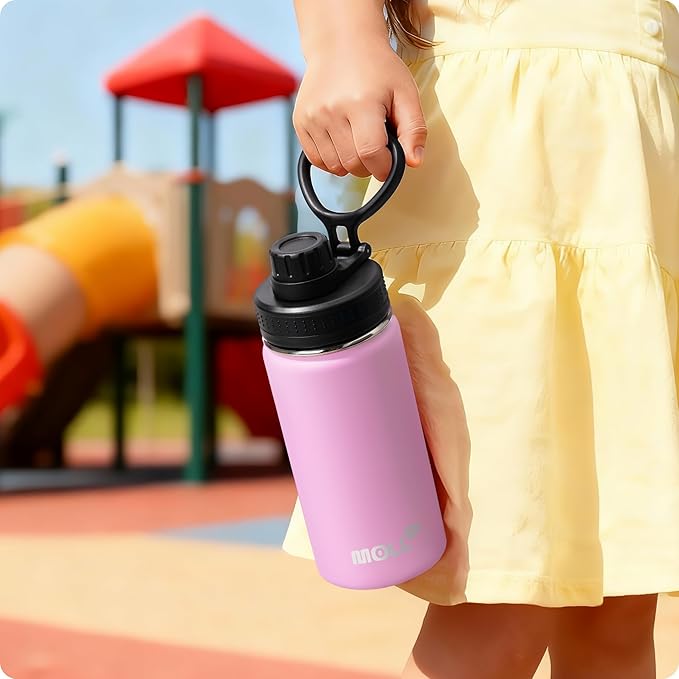 Kids Insulated Water Bottle-16 oz Stainless Steel Vacuum Wide Mouth Sports Flask with Silicone Boot-Reusable Metal Leak Proof Travel Water Bottle for Girls Boys, BPA-Free(Purple Pink)