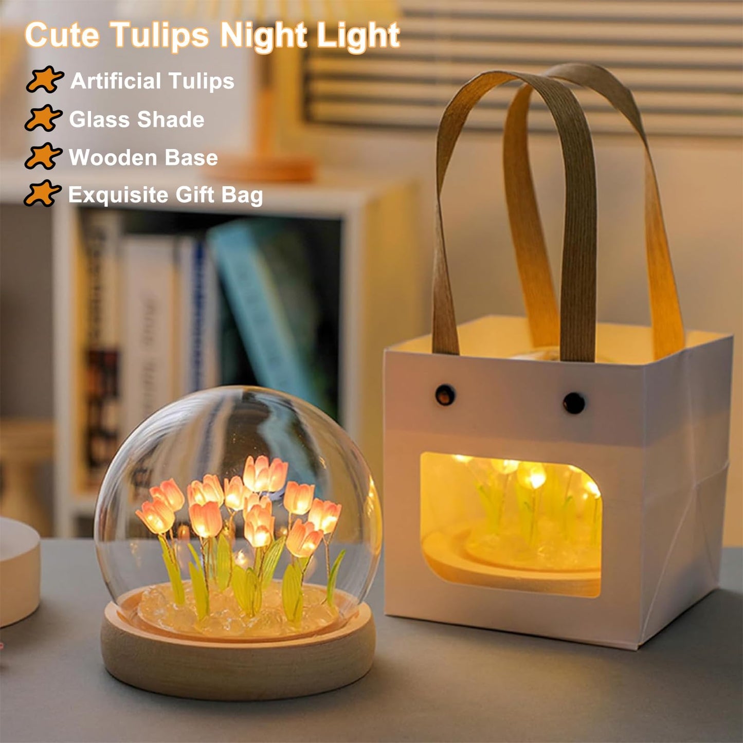 Tulip Night Light Cordless  Birthday Flower Gifts For Her - Small Flower Lamp With Glass Cover  Wooden Base And Gift Bag -Cute Romantic Home Decor For Mom  Grandmother  Wife  Girlfriend  Sister  Women