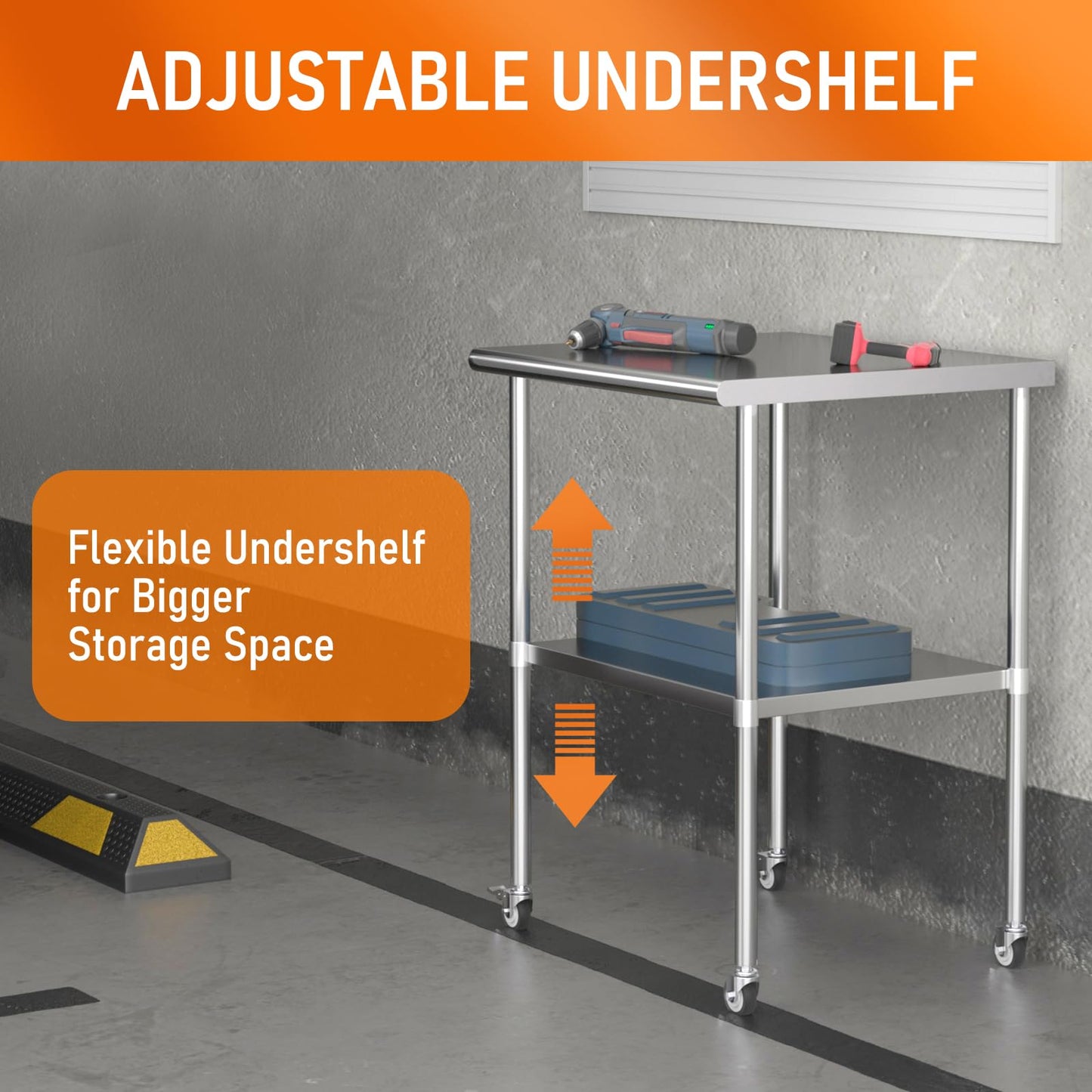 HOCCOT Stainless Steel Table with Wheels 24" x 30" Utility Worktable with Adjustable Undershelf for Commercial Kitchen, Garage, Restaurant