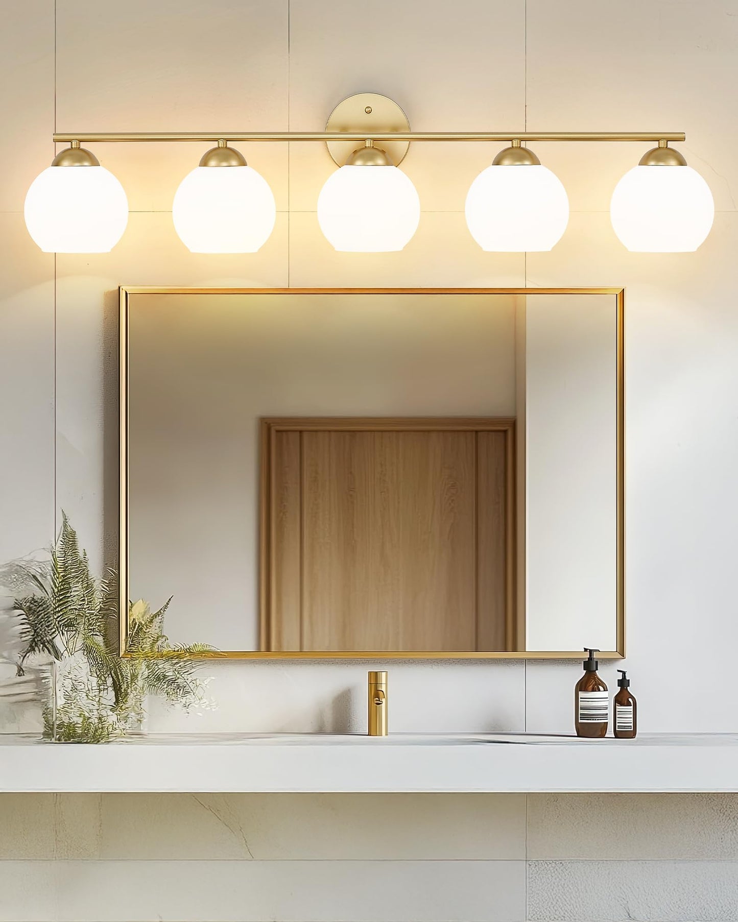 Emak 37 Inch Globe Bathroom Lighting Fixtures Over Mirror  Gold Vanity Lights With Milk Glass Shade  Modern 5-Light Bathroom Vanity Light For Mirror  Vl114-Gd-Ml-5