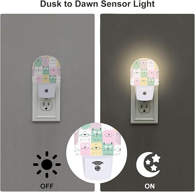 Colorful Cartoon Cats Night Light, Cute Childish Kittens Dusk to Dawn Night Light Plug in, 0.5w Energy Saving Sleep Friendly NightLight for Kids Boys Girls Home Decor