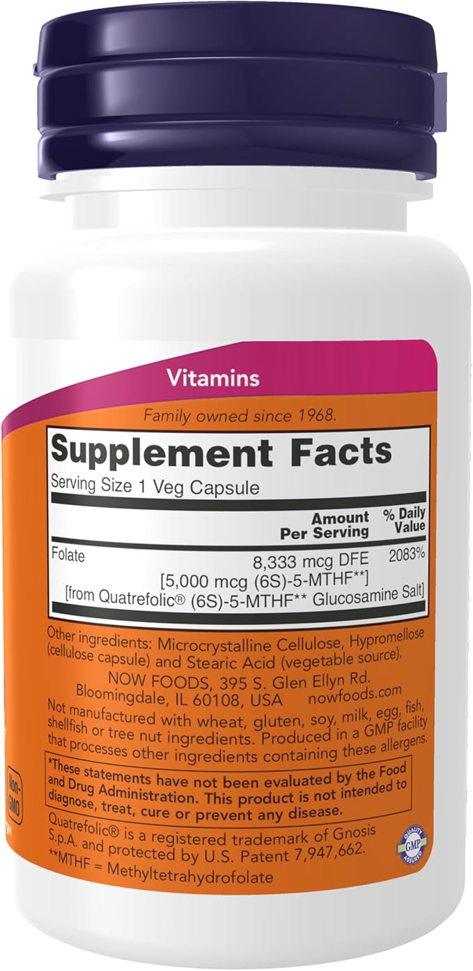 NOW Foods Supplements, Methyl Folate 5000 mcg, Superior Bioavailability, 50 Veg Capsules