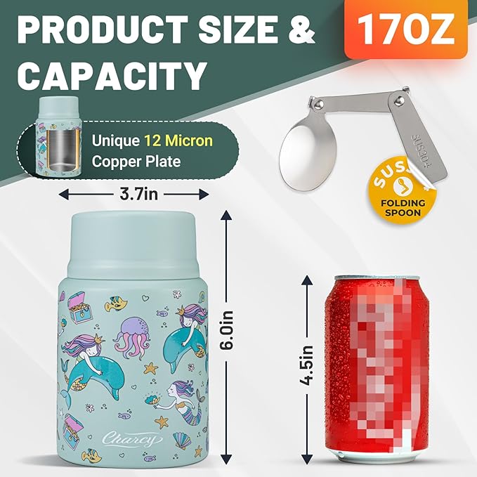 Charcy 17oz Thermo for Hot Food, Soup Thermo Food Container for Lunch Box with Folding Spoon ZB - Cyan Mermaid