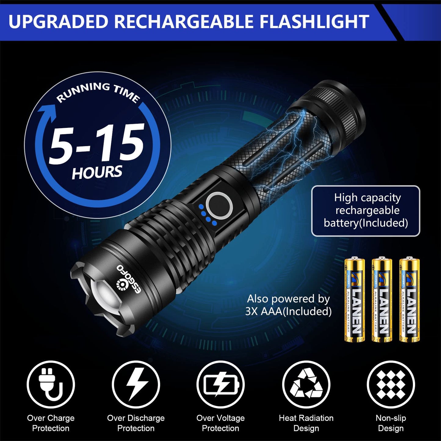 Esgofo X16 Tactical Flashlight - 20000 Lumens, Waterproof, Aluminum, Black, Rechargeable, Ideal For Hiking And Camping