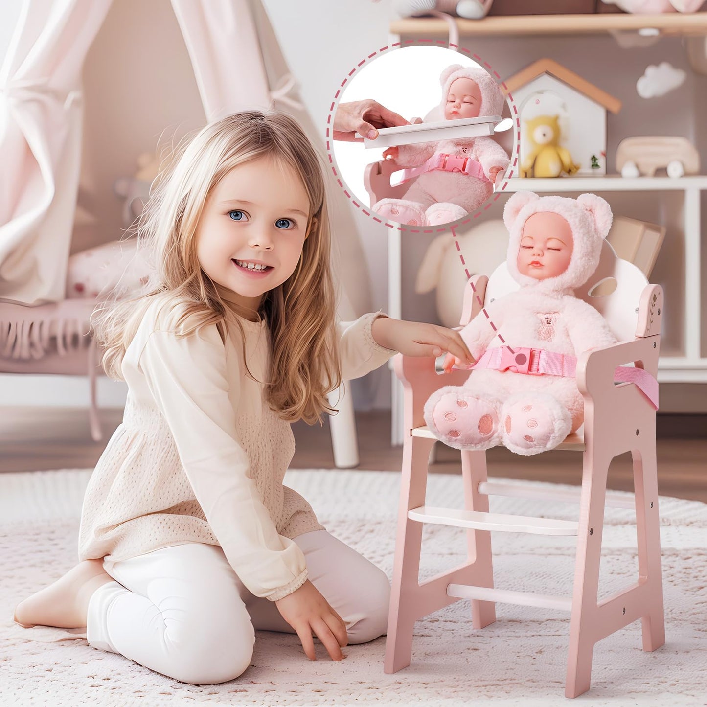 ROBOTIME High Chair for Pretend Play, Wooden Baby Doll Furniture with Safety Belt and Footrest, Fits 18 Inch Dolls, Gift for Ages 3+, White/Pink