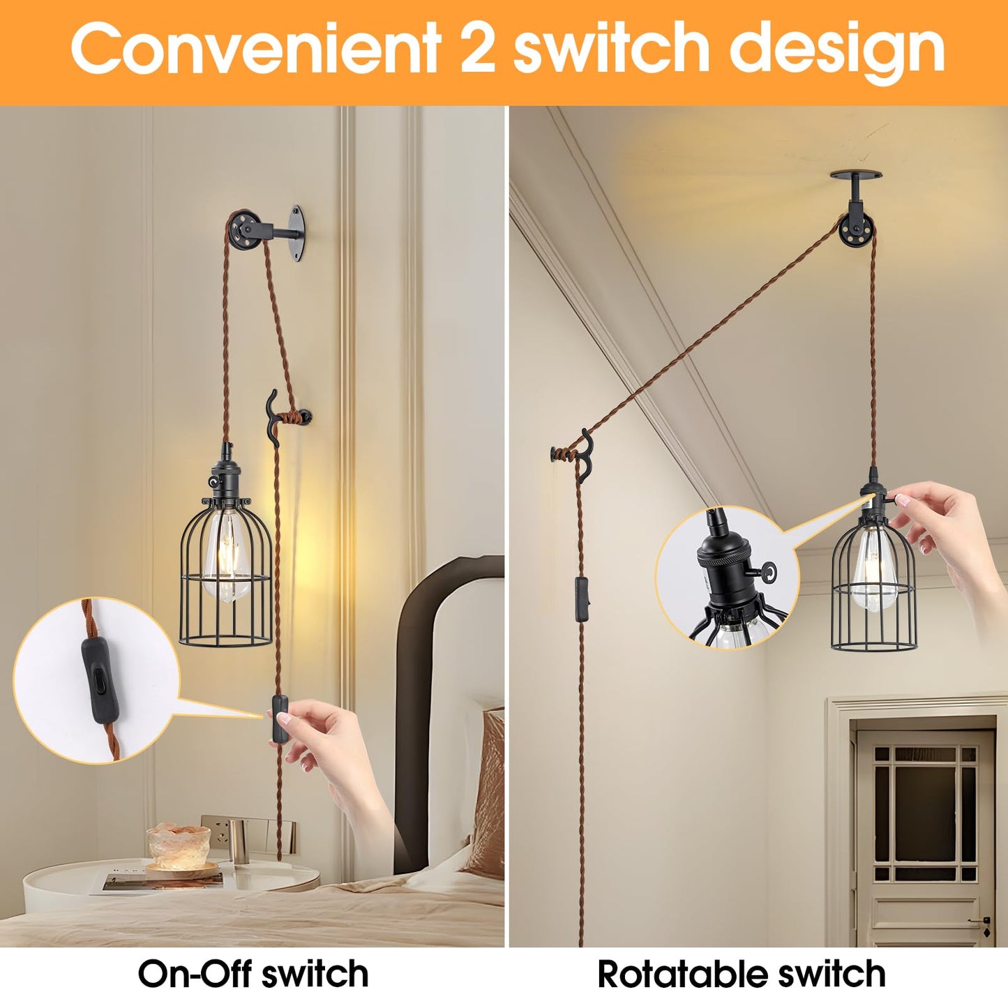 SEEBLEN Plug-in Pendant Light Set of 2, Industrial Metal Lamps, Style E-2, Black