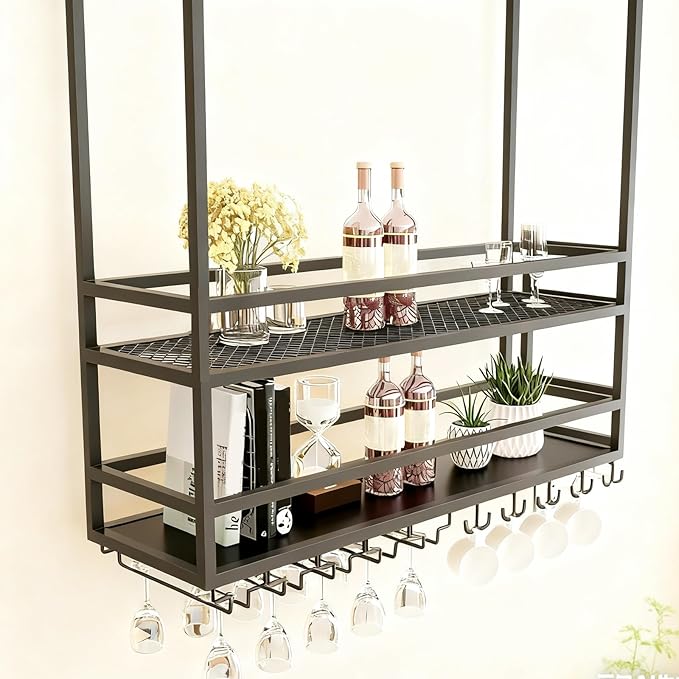 Ceiling Wine Glass Rack, Hanging Wine Display Shelf 2-Tier, Bar Liquor Storage Shelf for Bar Cafe Kitche, Metal Wine Bottle, Goblet Stemware Rack(Black, 55.11x39.37x11.81in)