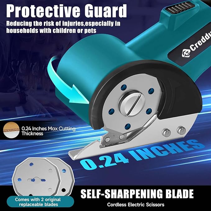 Cordless Electric Scissors，Cardboard Cutter Heavy Duty Scissor with 3 Blade, Safety Lock & Extra Blade，Rotary Cutter for Cardboard Fabric Plastic Leather Dark Blue