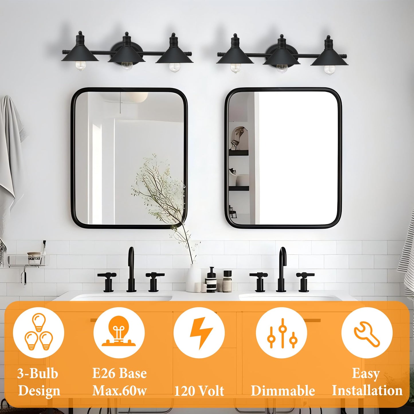 Faymart Lighting 3 Light Bathroom Vanity Light Over Mirror - Farmhouse Wall Light For Bathroom Vanity Powder Room  Rustic Gooseneck Barn Style 3 Bulb Wall Sconce Over Kitchen Sink