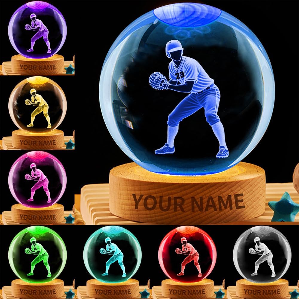 Personalized Baseball Crystal Night Light Gift for Men Women, Custom Name/Number Baseball Player 3D Crystal Ball Night Light Lamp for Bedroom Room Sports Decor Party Bar Christmas Birthday Gift