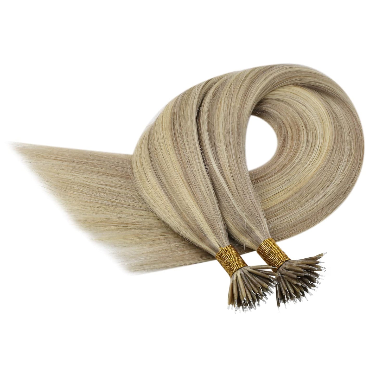 Easyouth Nano Extensions Human Hair Blonde Nanos Ring Hair Extensions Golden Blonde Highlighted Medium Brown Nano Beads Extensio