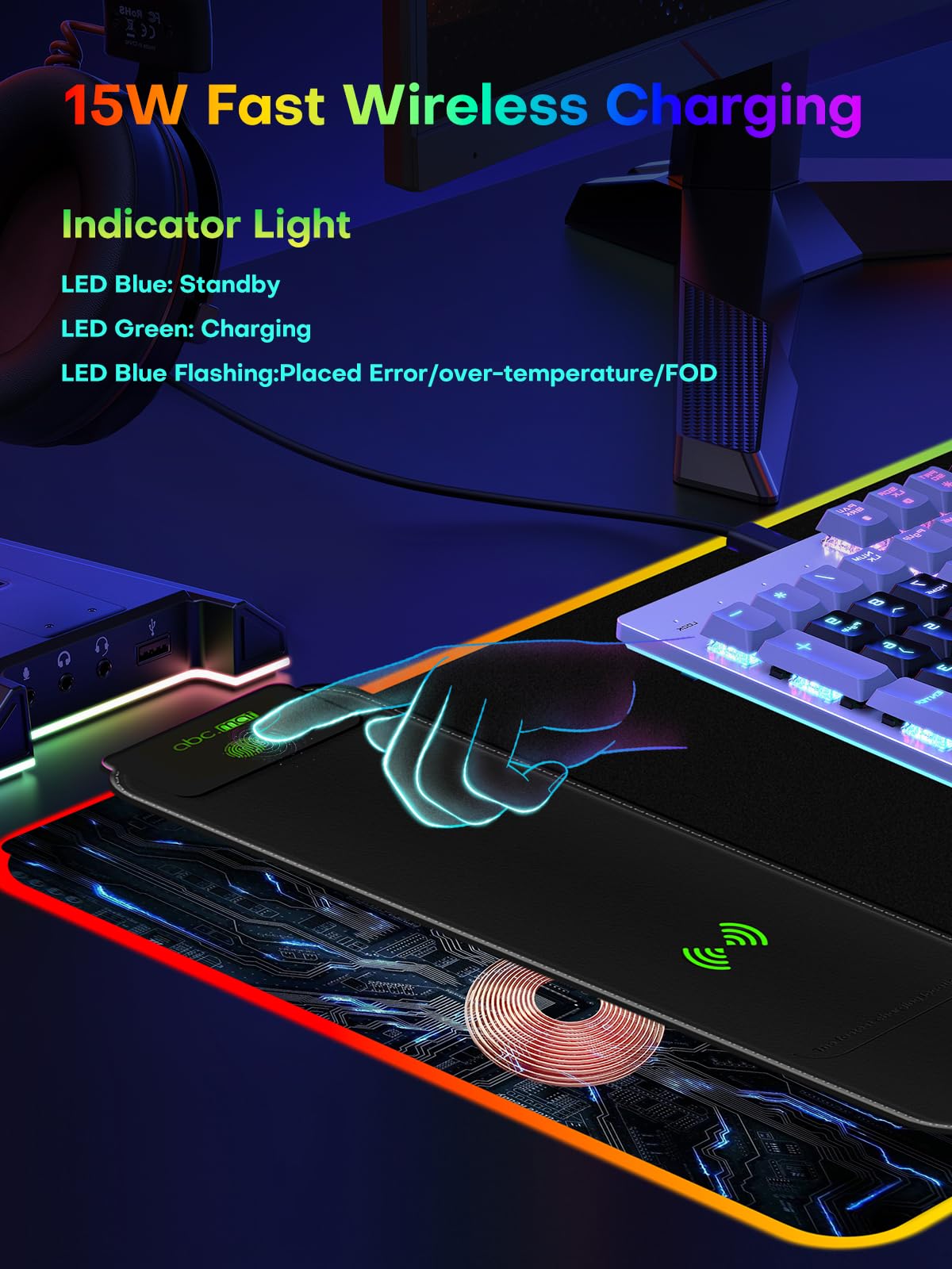 abc.mat 2-in-1 RGB Gaming Mouse Pad with Wireless Charging, 31.5"x15.8" Large, 24 Light Effects, Non-Slip Base, Waterproof Ultra-Smooth Surface, No Adapter