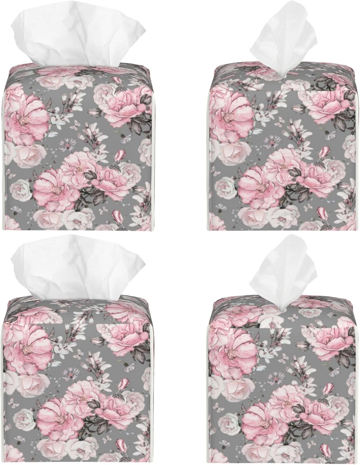 Tissue Box Holder Pink Flowers and Leaves Tissue Box Cover Square Leather Tissue Holder Organizer Portable Decorative Facial Paper Case for Home Office Bathroom Vanity Countertop
