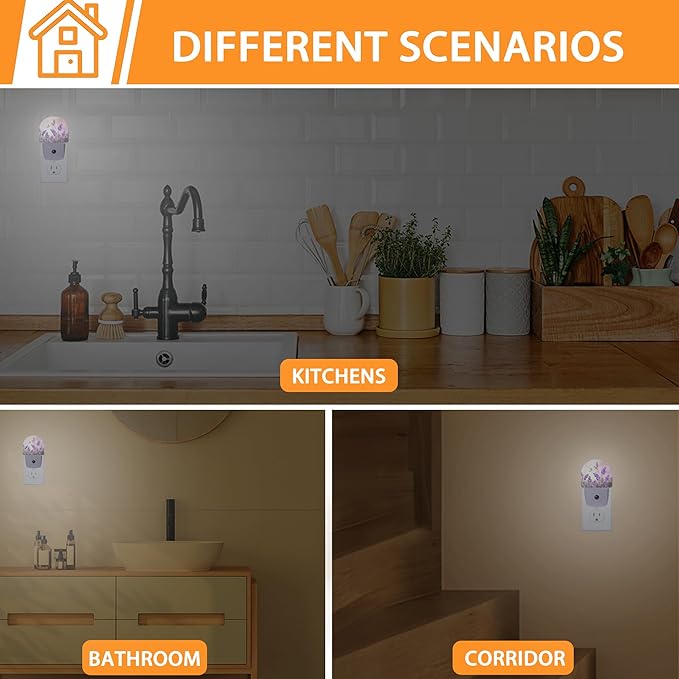 Lavander Flower Butterfly Night Light,Night Lights Plug into Wall with Dusk to Dawn Sensor,Lamp for Bedroom Bathroom Hallway Nightlight for Women Girls