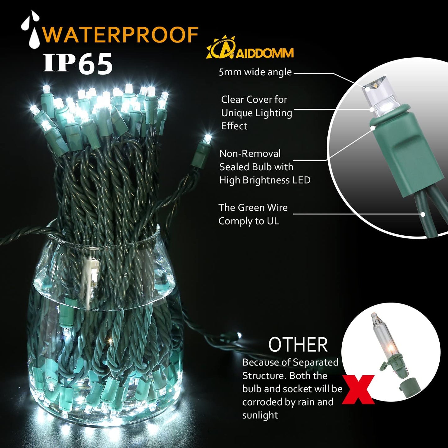 Aiddomm 50 Counts Cool White Led Christmas Lights - 25Ft 5Mm White Christmas Lights Outdoor Commercial Grade Waterproof  Indoor Christmas Tree Decorations  Green Wire Mini String Lights  Ul  Ip:65