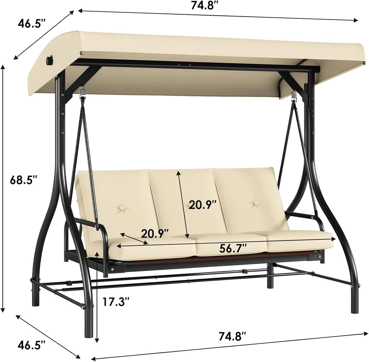 TLSUNNY 3-Seat Outdoor Patio Porch Swing with Adjustable Canopy & Backrest, Convertible Glider Bed with Stand, Removable Seat Cushion, 45° Tilt Adjustment for Backyard, Poolside, Balcony - 750LBS