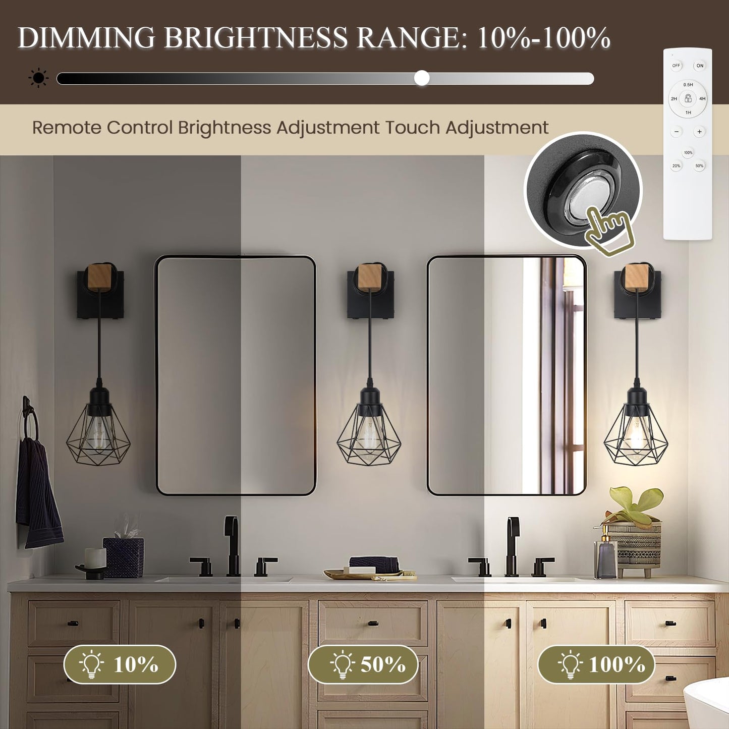 HLILCEH Battery Operated Wall Sconces Set of 2, Dimmable, Remote Control, 10inch, Black, Model WL-2FGZSBK-W-US