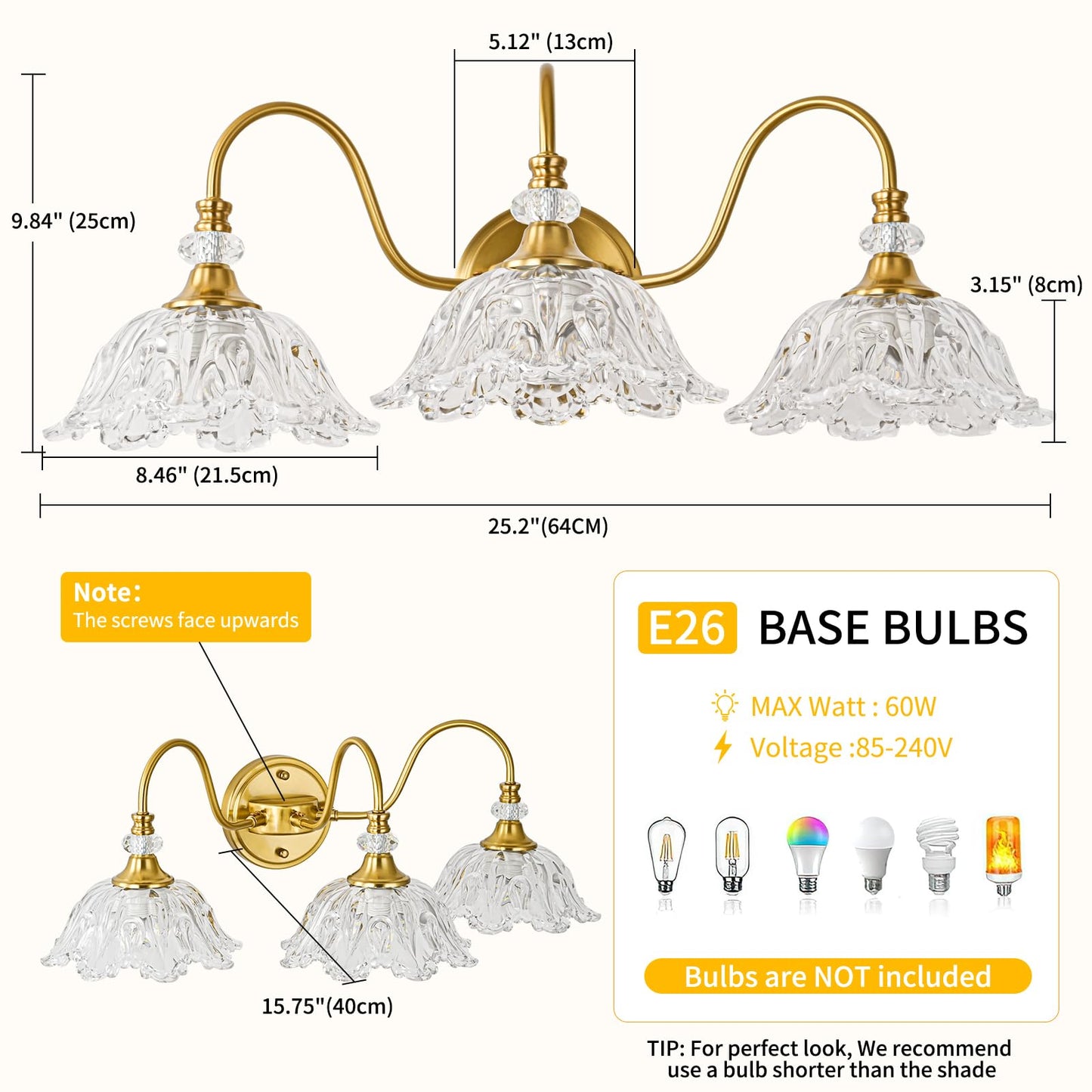 Sunkryster Gold Bathroom Vanity Light  3-Light Brushed Gold Finish Vanity Light With Floral Clear Glass Shades  Retro Wall Mount Lighting For Bathroom  Dressing Table