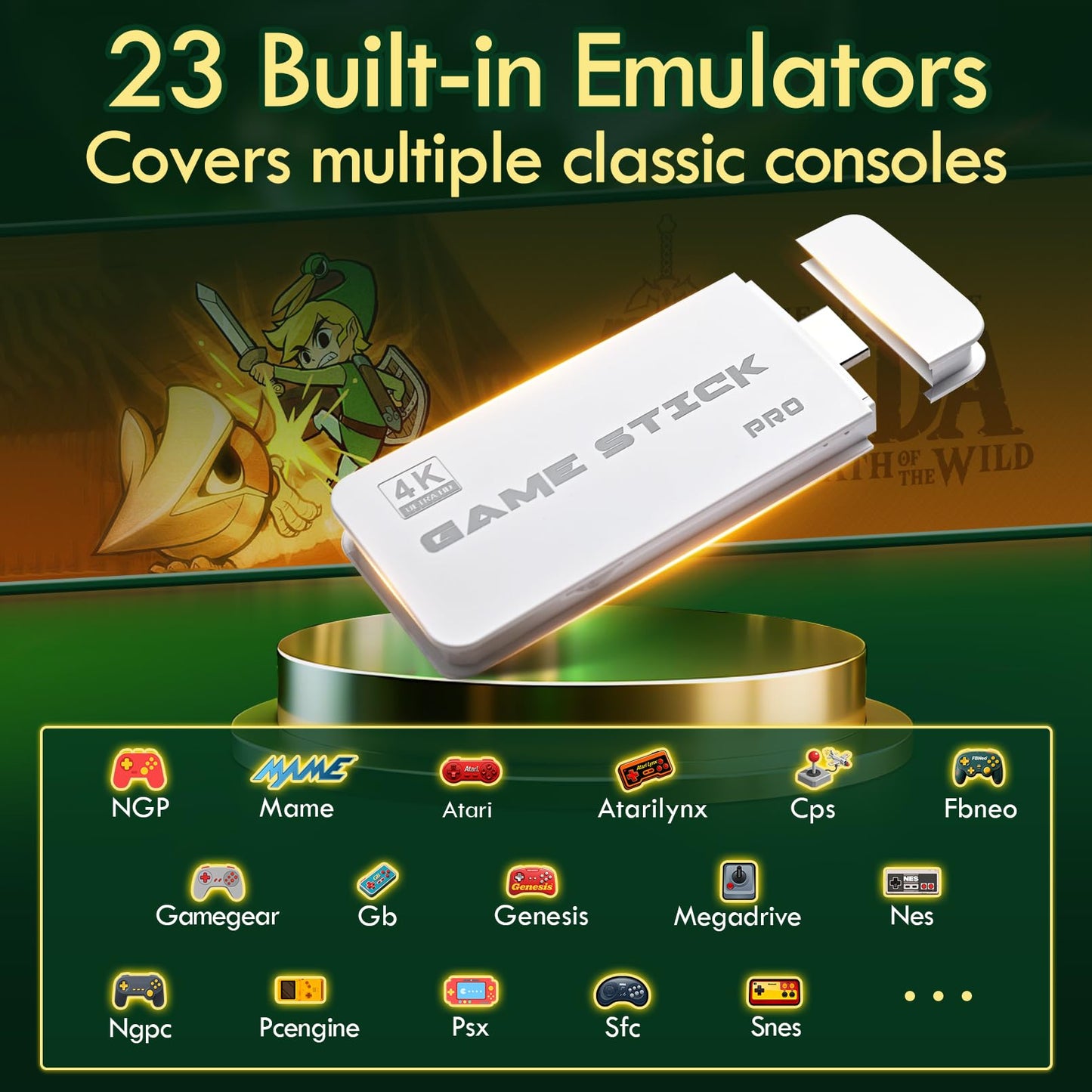 2025 Game Stick 4K 40,000 Games, Retro Gaming Console with Built-in 23 Emulators, HDMI Output, 64G TF Card, 2 Wireless Controllers, Plug and Play