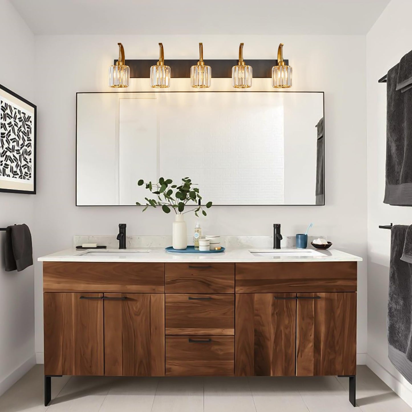 Fdpby 5-Light Crystal Vanity Light  Modern Black Gold Bathroom Wall Sconce With K9 Crystal Shades  42.51 Long Over Mirror Lighting For Vanity  Makeup  Hallway  Elegant & Easy Installation