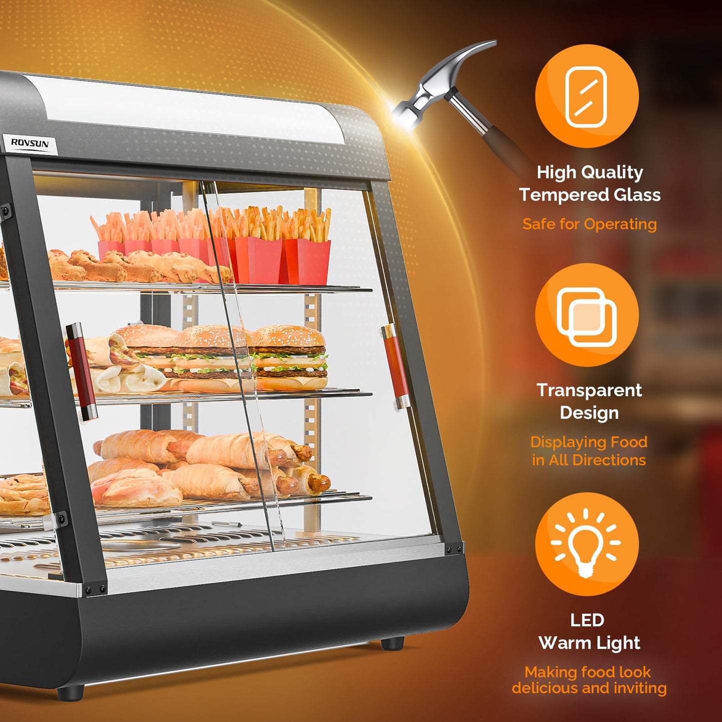 ROVSUN 26" Commercial Food Warmer Display Pizza Warmer, 3-Tier Electric Countertop Food Warmer w/LED Lighting, Adjustable Removable Shelves & Glass Door, Pretzel Warmer for Buffet Restaurant 1200W