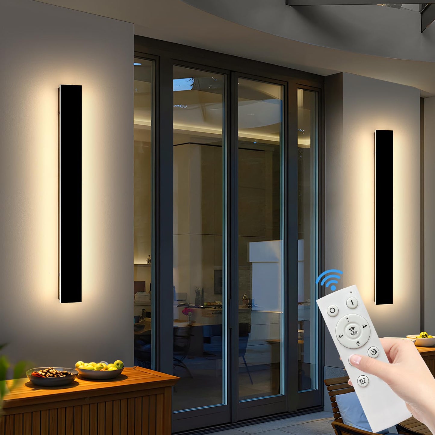 Mikeru 3CCT Dimmable Outdoor Wall Sconce, 31.4in, IP65 Waterproof, Acrylic, Black, Model FTBD-ZB2P, 2-Pack with Remote