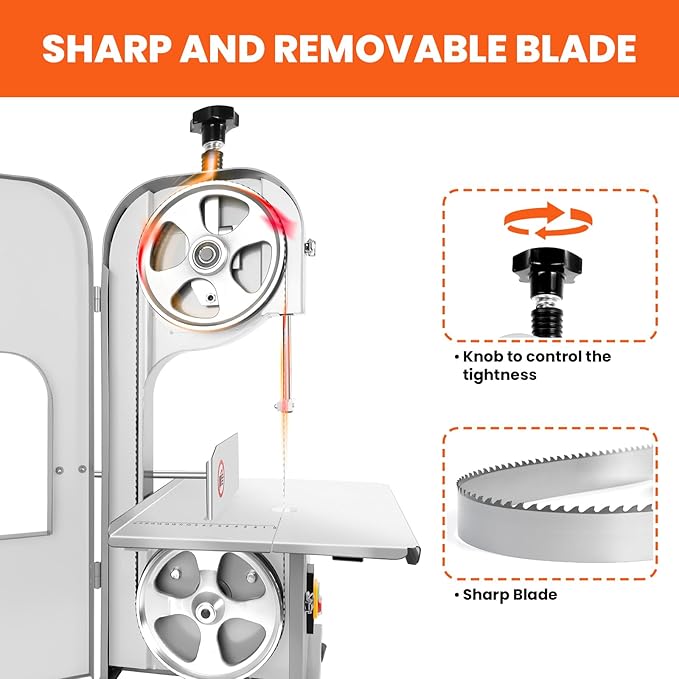 Commercial Bandsaw Machine, 1500W Electric Bone Saw Machine, 19x14" Stainless Steel Worktable, Cuts 0.04-5.0" Thickness, Frozen Meat Cutter with 8 Blades Included, for Rib Pork Beef