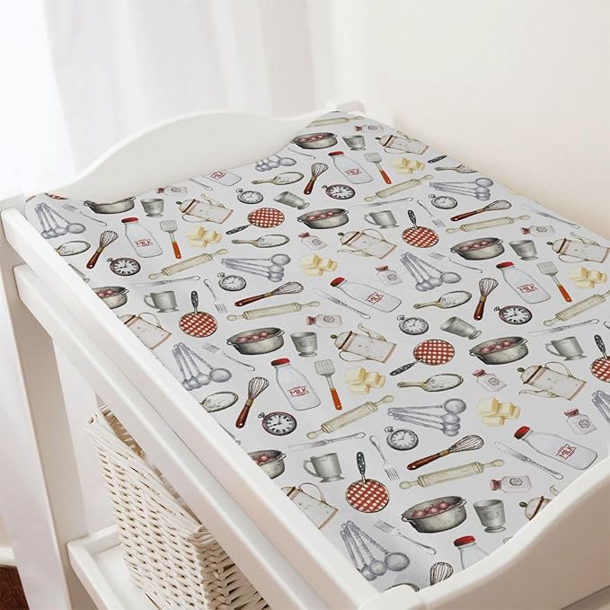 Fun Retro Kitchen Baby Changing Pad Covers for Boy Girl 32''x16'' Kitchen Cooking Baking Tools Fitted Diaper Change Pad Table Sheets Kitchen Love Soft Breathable Nursery Baby Changing Table Mats