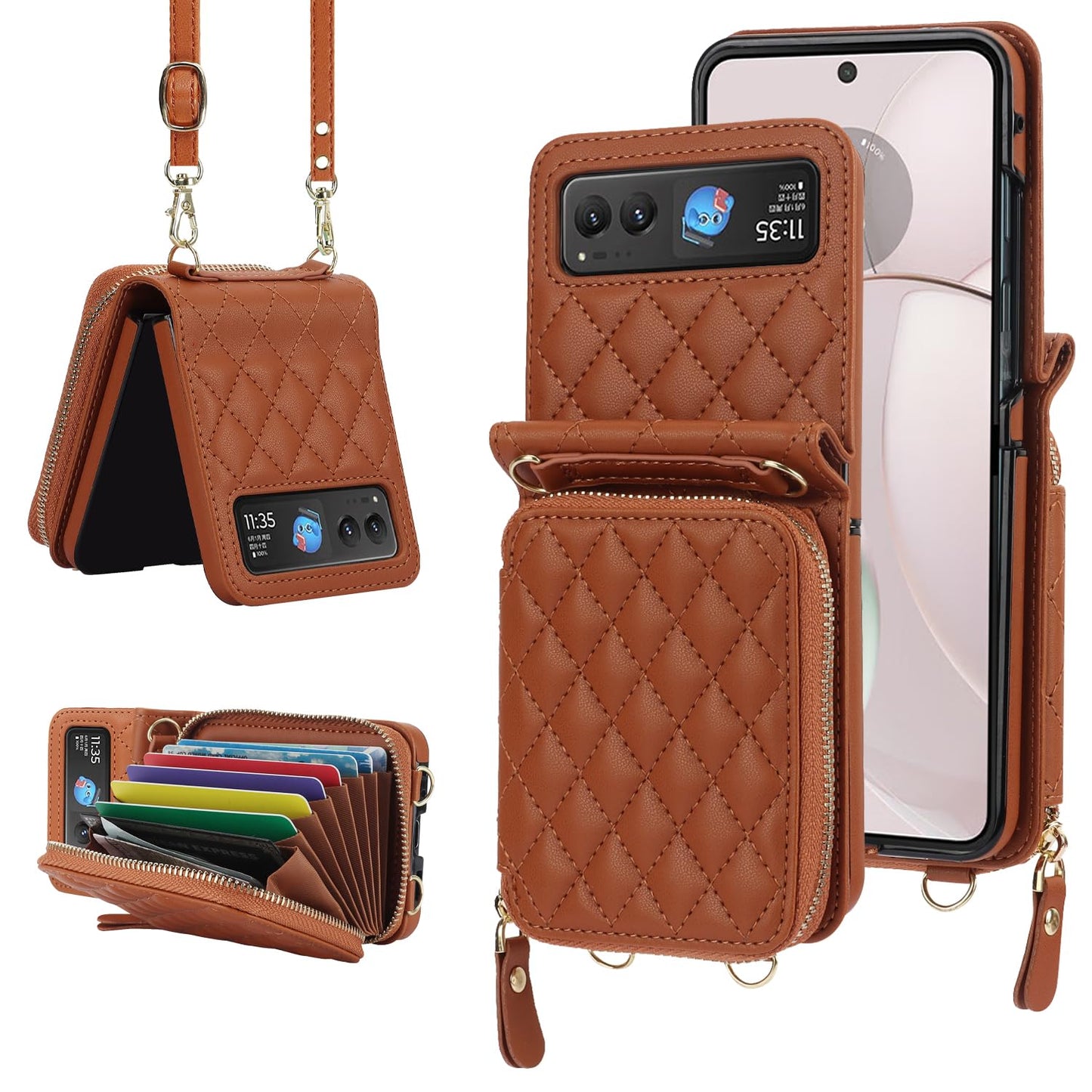 Ninki Compatible For Motorola Razr 2023 Case With Detachable Strap, Lanyard Hinge Protection Card Holder Wallet Phone Cover For