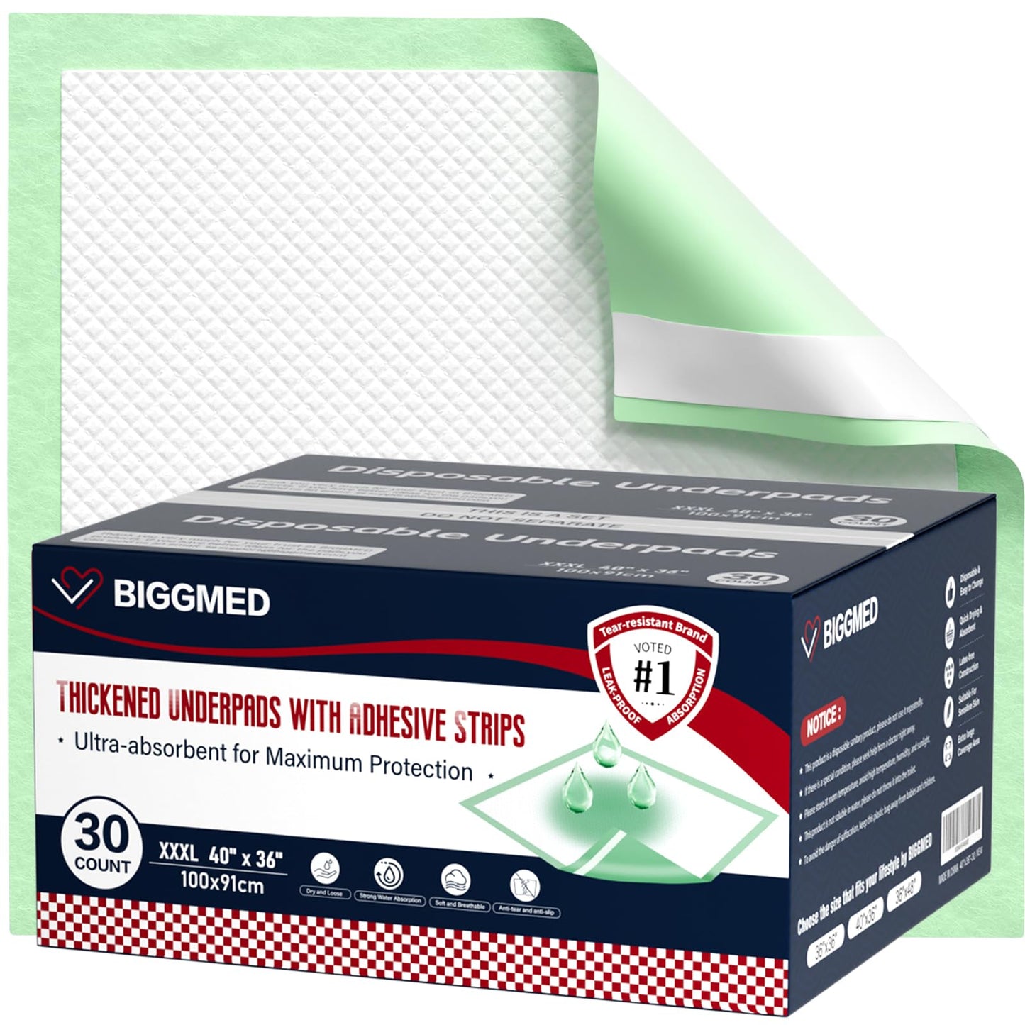 Extra Large Bed Pads with Adhesive Strips 40'' X 36'' Disposable Underpads for Incontinence (30 Pads) Ultra-Absorbent & Leak-Proof Chucks Pads for Adults, Elderly and Kids