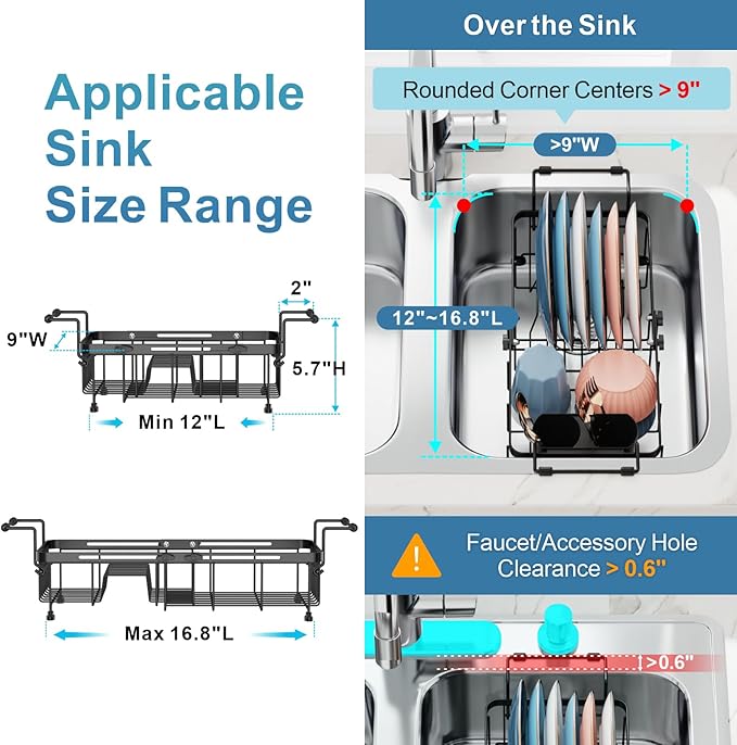 iSPECLE Small Sink Dish Drying Rack, Capacity Expandable Narrow Dish Drainer for RV Sink Apartment Kitchen with Utensil Holder, 12"-16.8" L x 9" W, Black