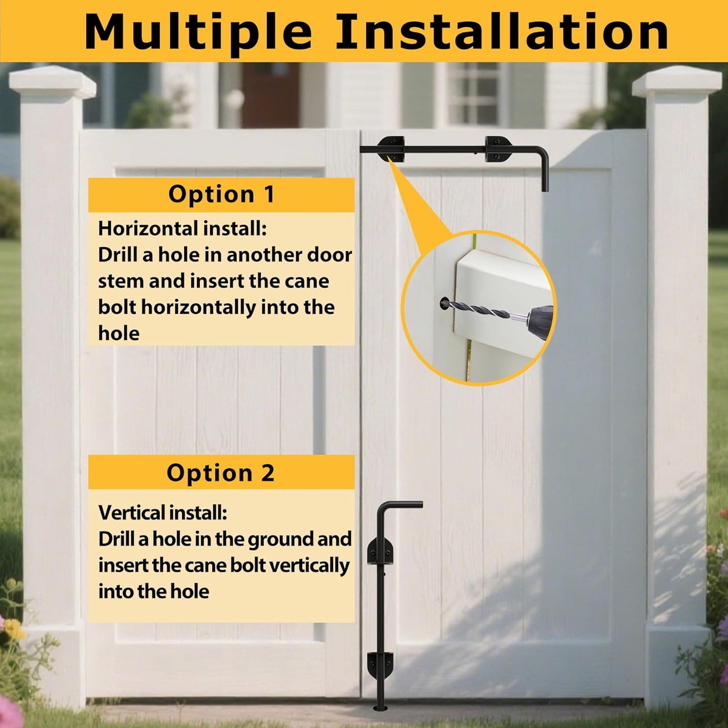 24" Heavy Duty Cane Bolts for Gates with Black Rustproof Powder Upgraded Hardware Gate Drop Rod for Wood PVC Vinyl Fences Gates, Double Doors-2 Pack