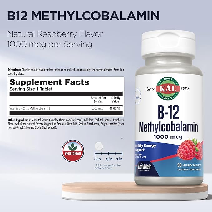 KAL Vitamin B12 Methylcobalamin 1000mcg, Healthy Energy, Metabolism, Nerve & Red Blood Cell Support,* Fast Dissolve ActivMelt, Optimal Absorption, Natural Raspberry Flavor, 90 Servings, 90 Micro Tabs