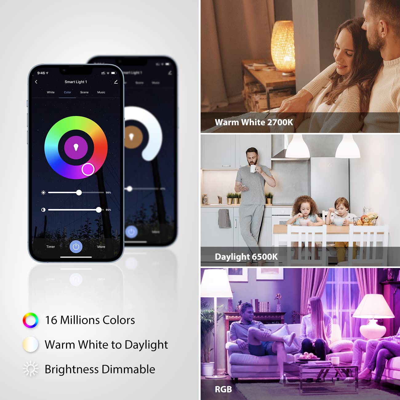 LVWIT Wi-Fi Smart Light Bulb, BR30 LED, RGB Color Changing, 60W Equivalent, 2-Pack, No Hub Required, Compatible with Alexa & Google Assistant