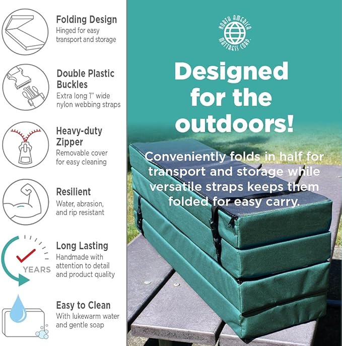 North American Mattress 8' Outdoor Picnic Bench Seat Cushion -2 Piece Set; 96" (8ft) x 10" x 3"; Green/Blue- Folding & Easy to Carry