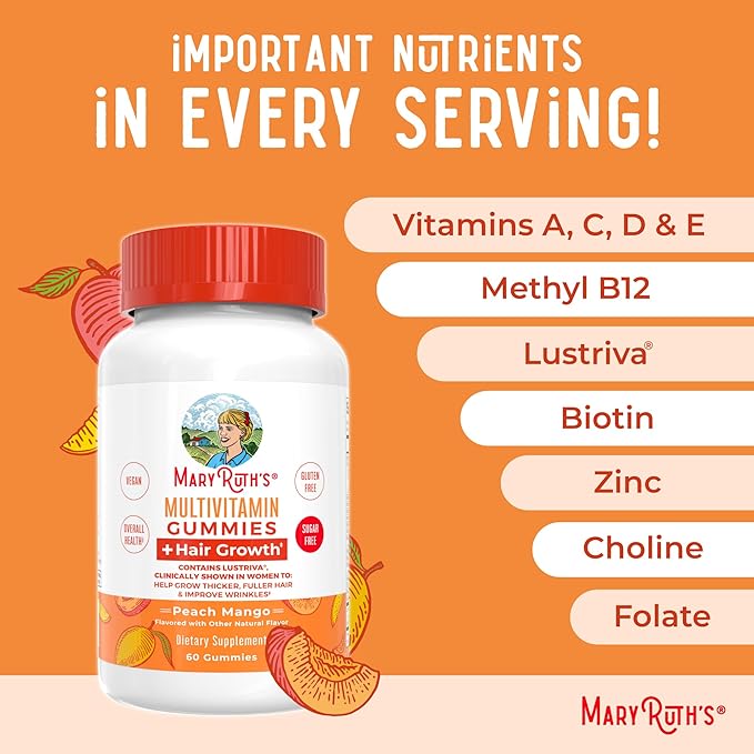 MaryRuth's Multivitamin + Hair Growth Gummies | with Lustriva® | Biotin 10000mcg | B Vitamins | Formulated for Thicker Hair, Wrinkles, Fine Lines, Skin Care | Ages 18+ | 30 Servings
