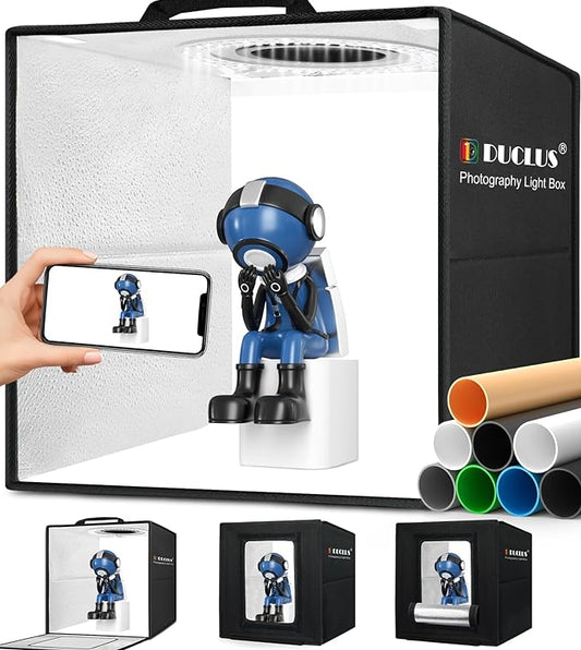 DUCLUS Light Box Photography, 12"x12" Photo Booth Box with 120 LED Lights Dimmable & CRI＞95, Portable Lightbox with 8 Back...