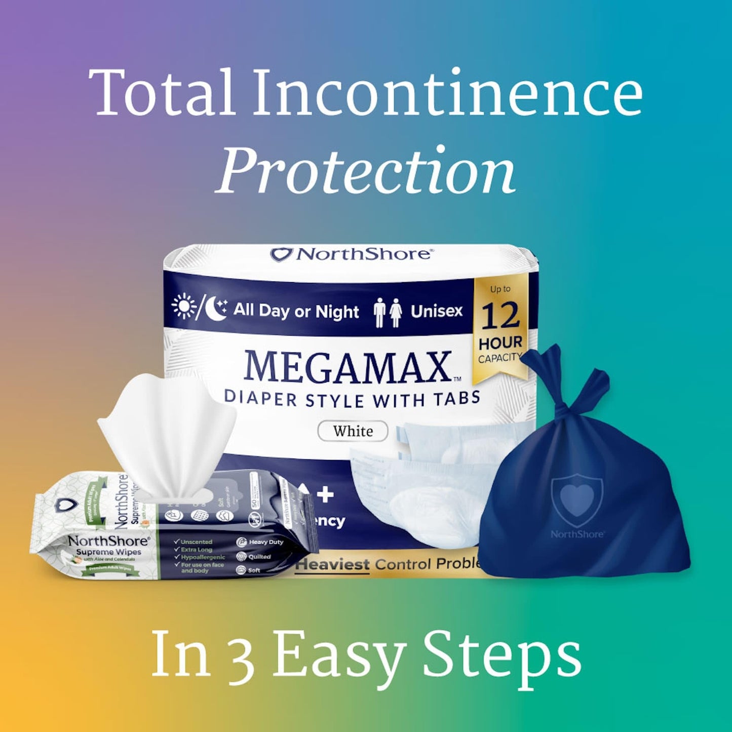 NorthShore MegaMax Adult Overnight Diapers, 12-Hour Tab-Style, Medium, 10 Count Bag, Blue, 32-44 inches, Unisex Incontinence Underwear