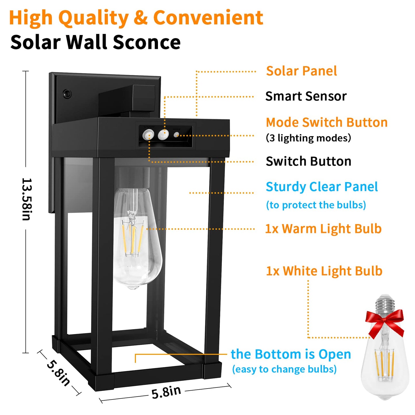 Solar Wall Lights Outdoor with 3 Lighting Modes & Motion Sensor, Solar Porch Light with 2 Bulbs, Waterproof Outdoor Wall Sconce Lantern Lamp Fixture for Garage Porch Shed Barn Yard Garden Front Door