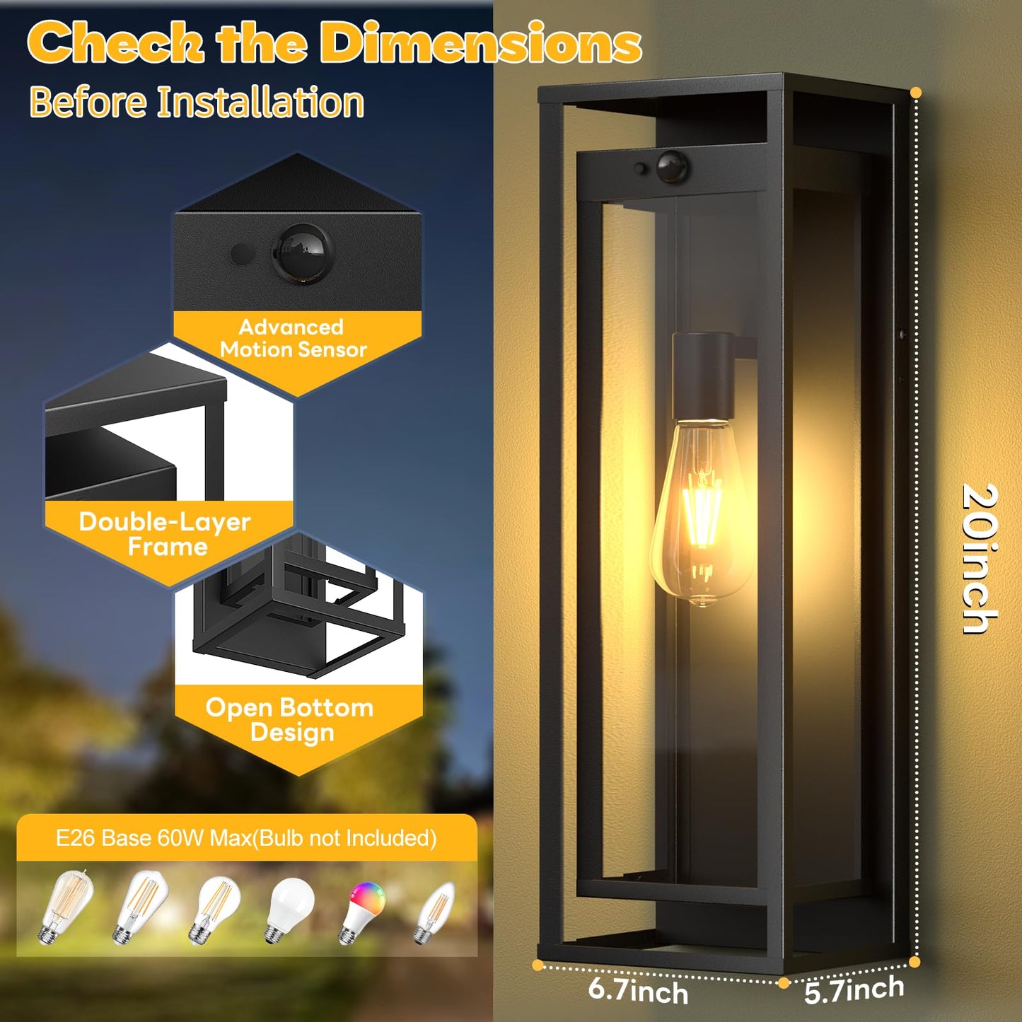 Siafavoi Motion Sensor Outdoor Wall Light 2Pack-15In Modern Dusk To Dawn Porch Sconce Wall Mounted Waterproof Exterior Lighting Fixture E26 Black Lantern For Outside House Garage Entryway