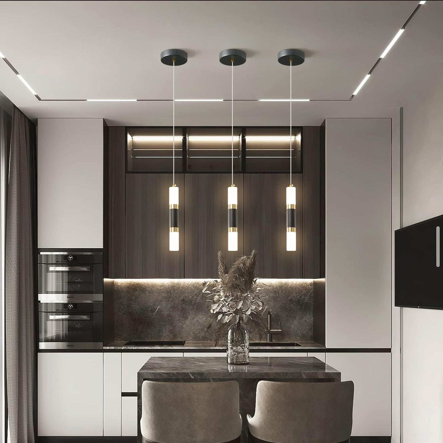 Liangmh Modern Kitchen Island Light Fixture Dimmable Led Black Mini Pendant Light Bedroom Bedside Table Black Gold Small Pendant Lighting (3-Pack)