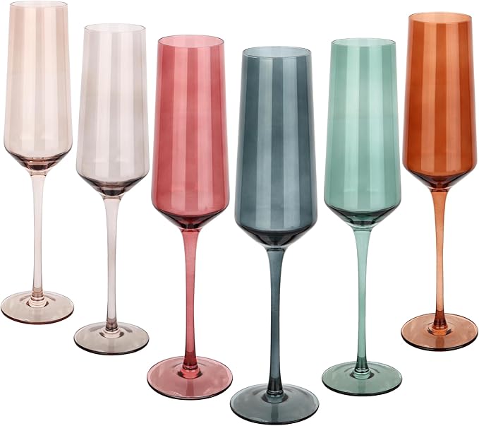 Colored Champagne Flutes Set of 6, Large 8 Oz Hand Blown Crystal Glasses, Lead-Free Colorful Glasses, Italian Style Tall S...