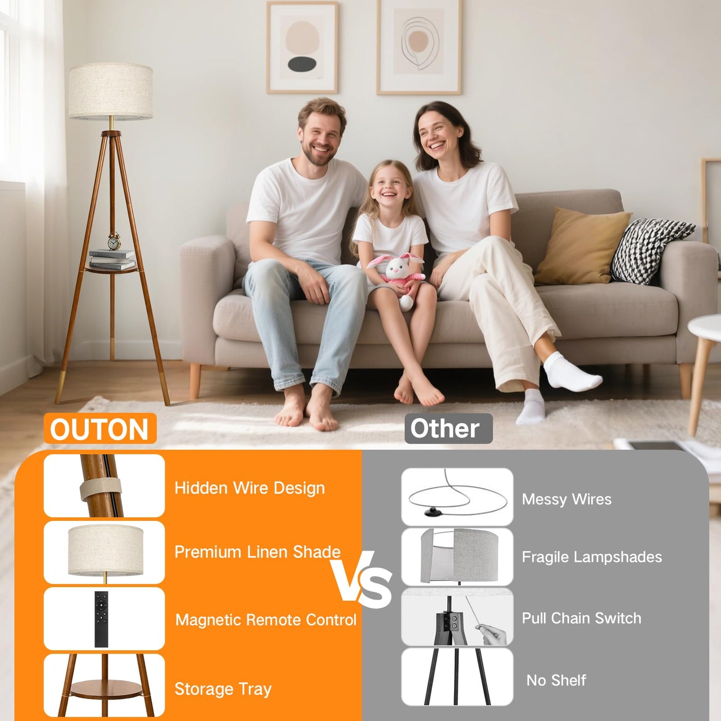 OUTON Wood Tripod Floor Lamp with Remote Control, Dimmable LED, 4 Color Temperatures, Walnut & Gold