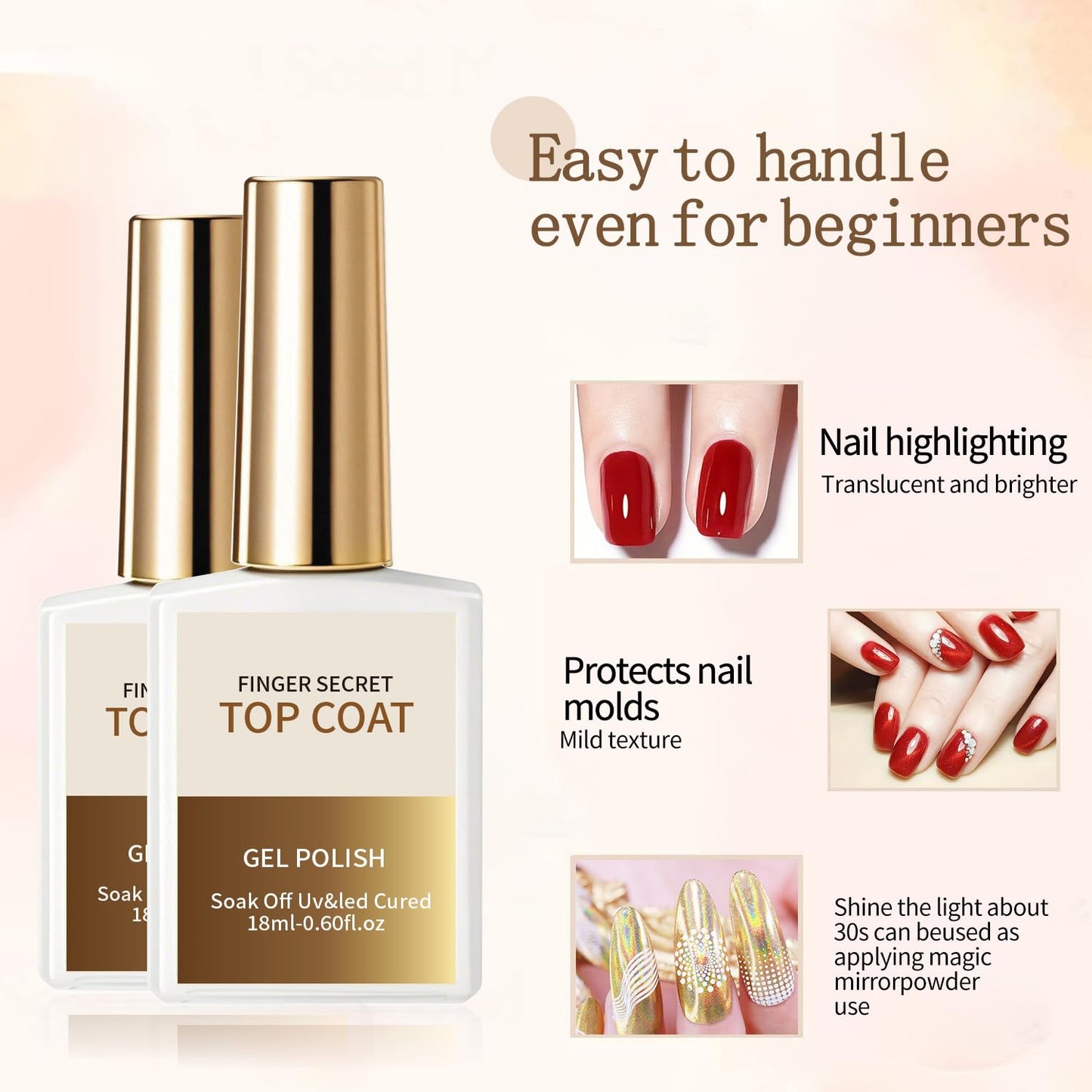 finger secret 18ml/0.60floz Top Coat for Gel Nail Polish,Quick Dry Clear Nail Polish,Nail Supplies for DIY in Salon or Home Use.
