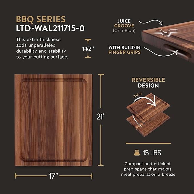 John Boos BBQ Series Rectangular Wooden Walnut Cutting Board 17”x21” – 1.5” Thick, 7-lb Reversible Butcher Block with Juice Groove, Edge-Grain, Finger Grips & Care & Maintenance Pack – Made in the USA