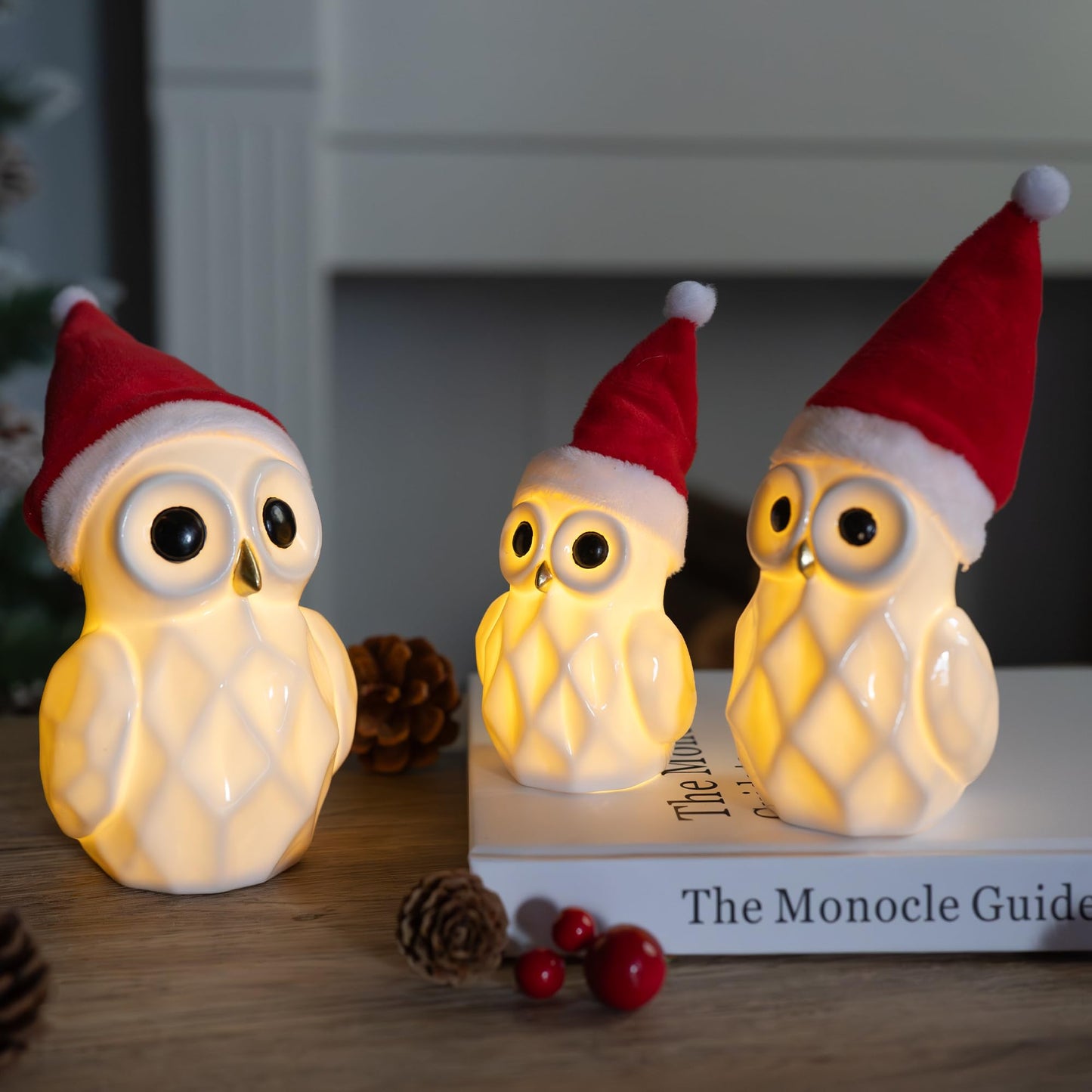Nerosun Christmas Lighted Owl Figurines  3 Pack Ceramic White Light Up Led Owl Family Ornaments Table Centerpiece  Christmas Decorations For Tabletop Mantel Fireplace Cabinet Indoor Xmas Decor Gift